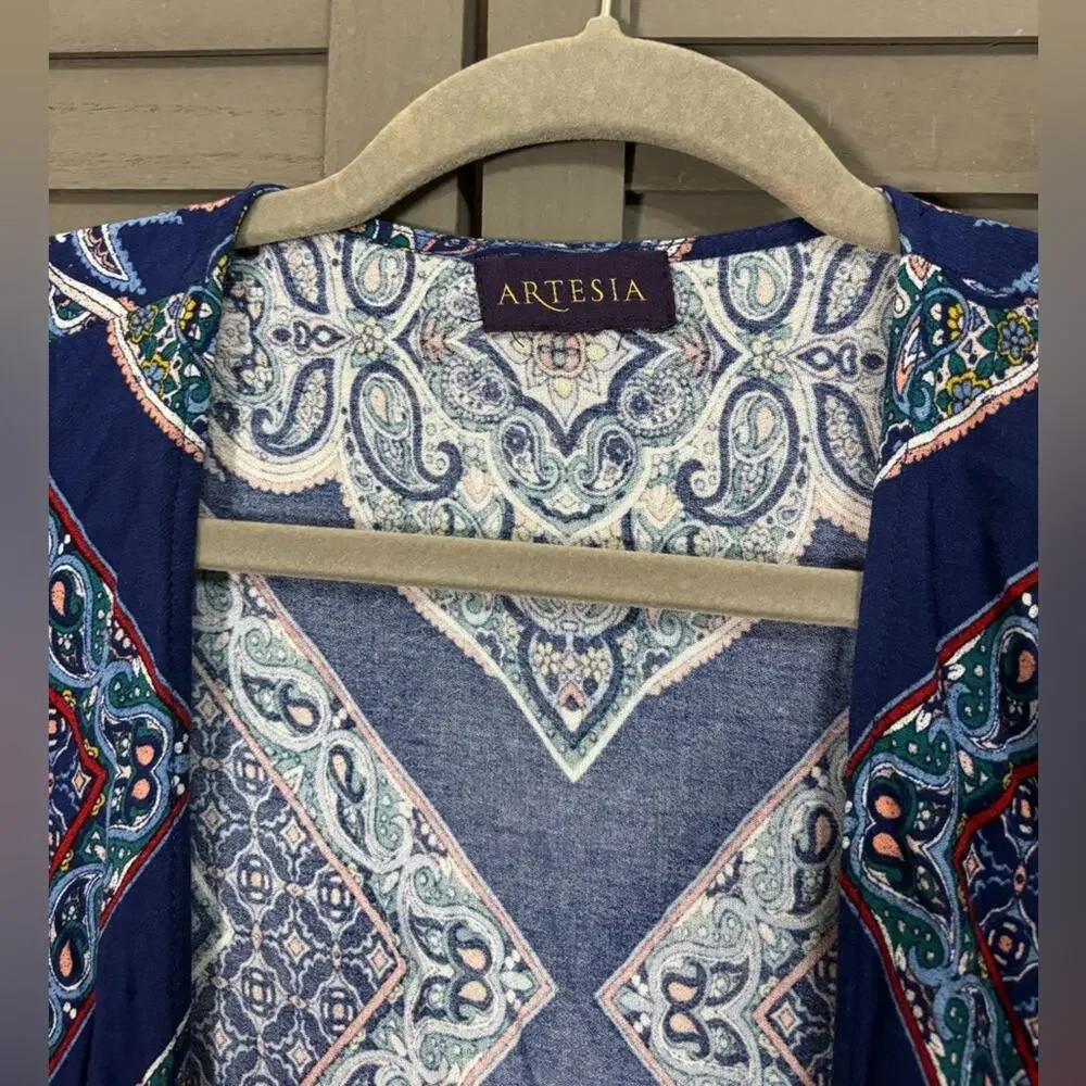 Artesia Boho Paisley Kimono Cardigan 100% Rayon Open Front Blue and Pink Tones